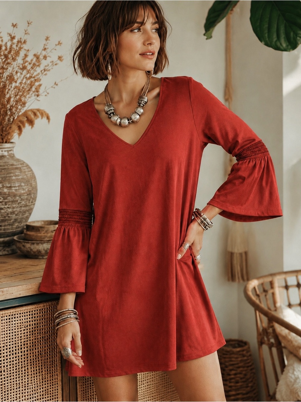 NSR Rust Red V-Neck Dress